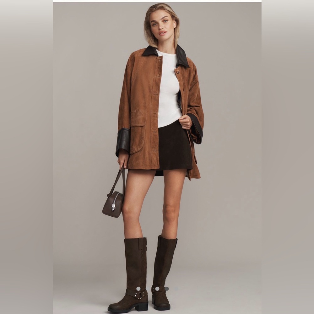NWT #Anthropologie Retail$498 Brown Suede Women's Coat with leather cuff. Sz xs - Picture 2 of 12